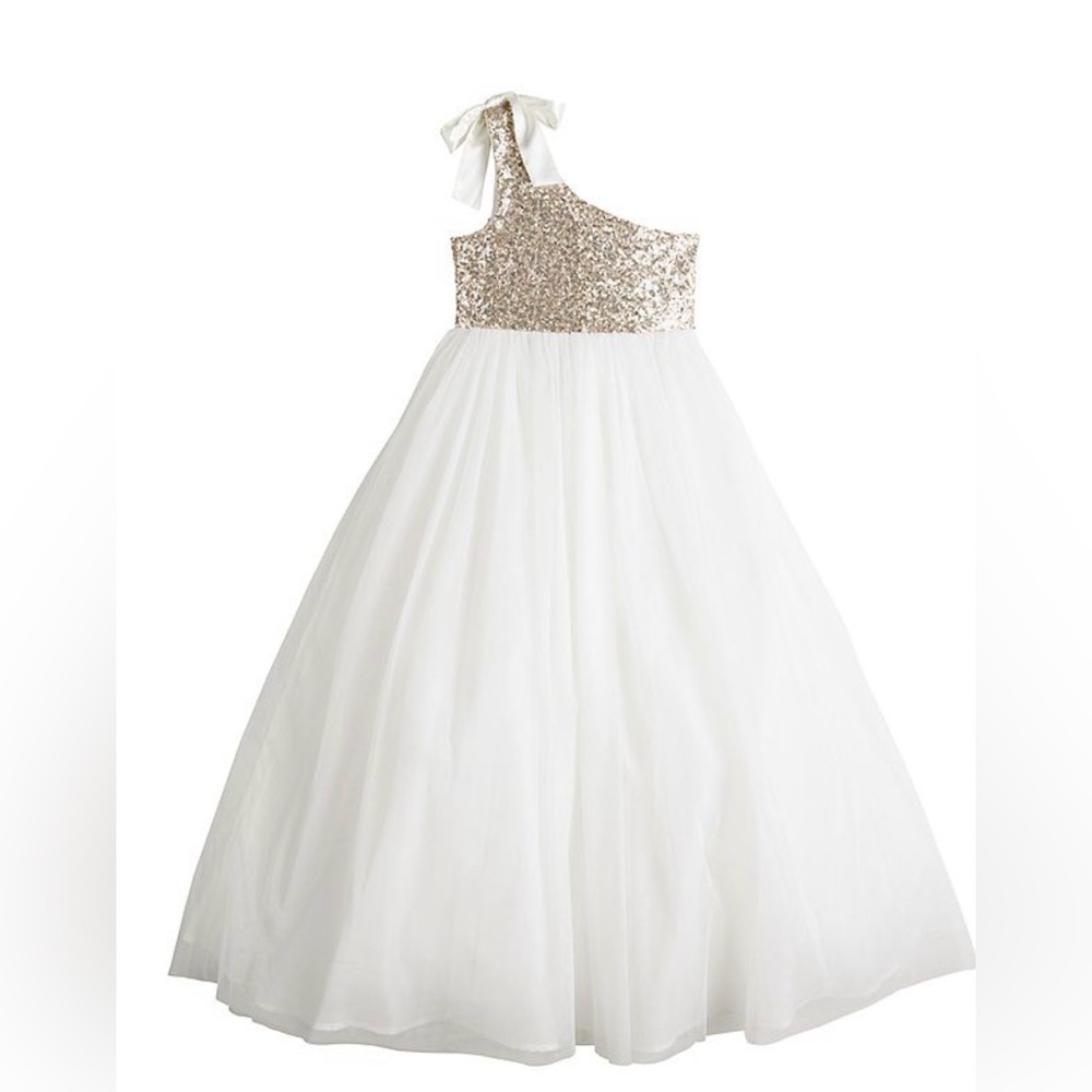 Cream and gold Poppies & Roses faux-fur trim one shoulder sequins dress